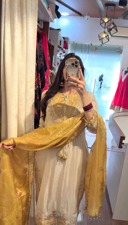 RangBhoomi Ronald Silk Sequin Embroidered Women's Ethnic Suit - Fully Stitched with Lace-Edged Dupatta
