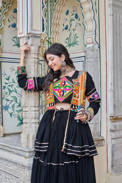 Navratri Special Gamthi Embroidery Lehenga Choli with Mirror and Ribbon Lace – Pure Cotton, Fully Stitched, 9 Meter Flair