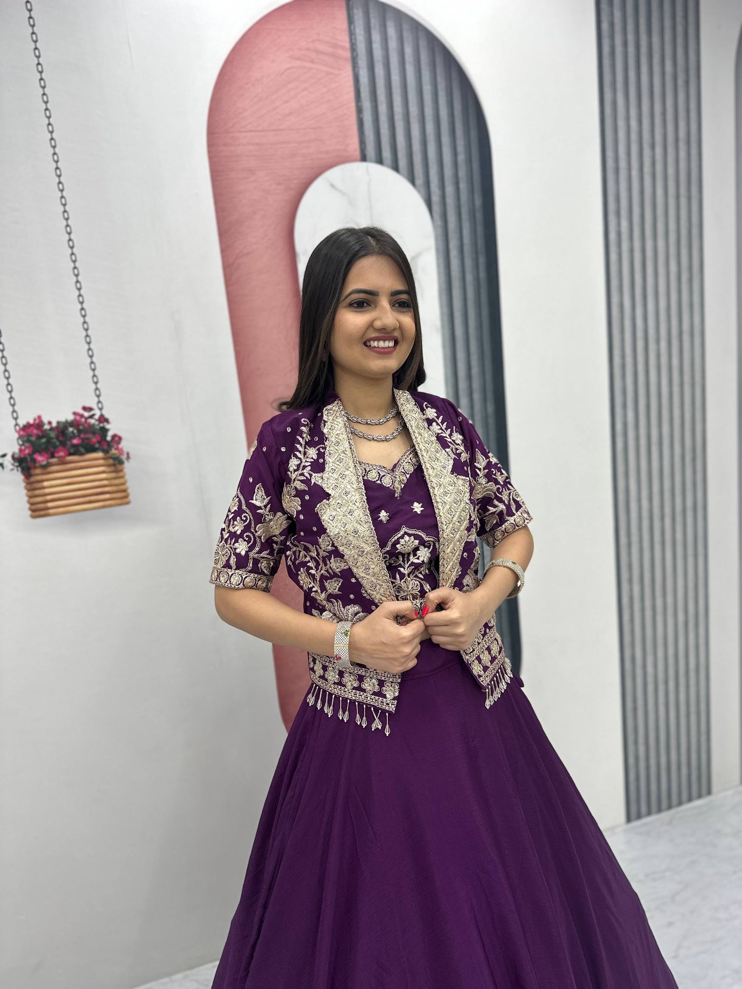 RangBhoomi Festival Special Embroidered Chinon Crop Top Set with Lehenga and Jacket