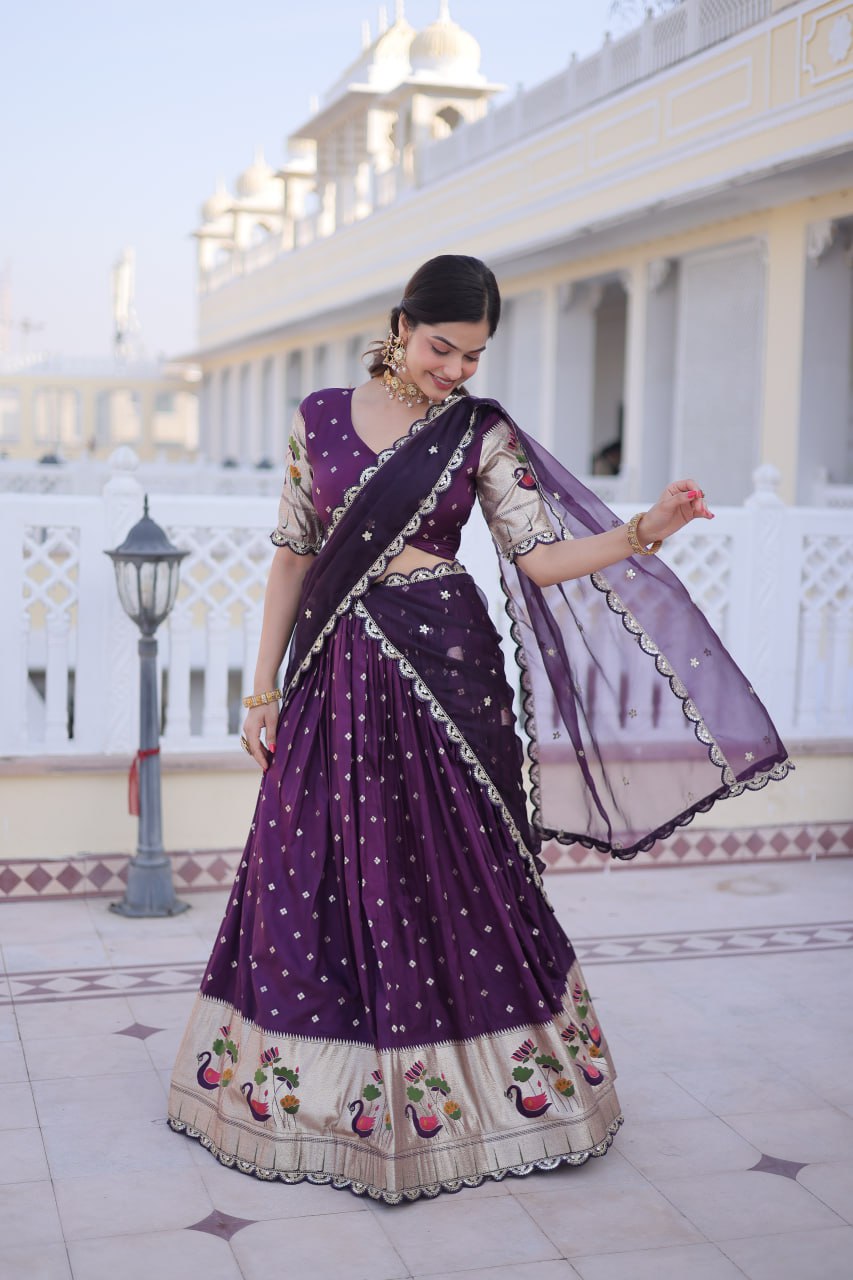 Elegant Three-Piece Traditional Lehenga Choli Set with Dupatta in Pink and Wine