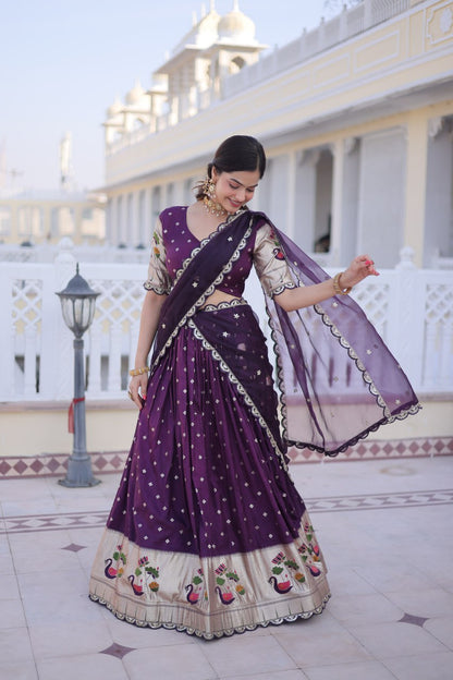 Elegant Three-Piece Traditional Lehenga Choli Set with Dupatta in Pink and Wine