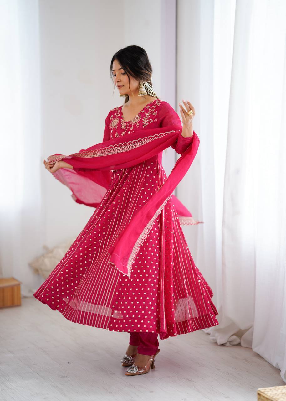 Festive Ready-to-Wear Fully Stitched Anarkali Gown Set with Embroidered Sequins and Lace-Trimmed Dupatta