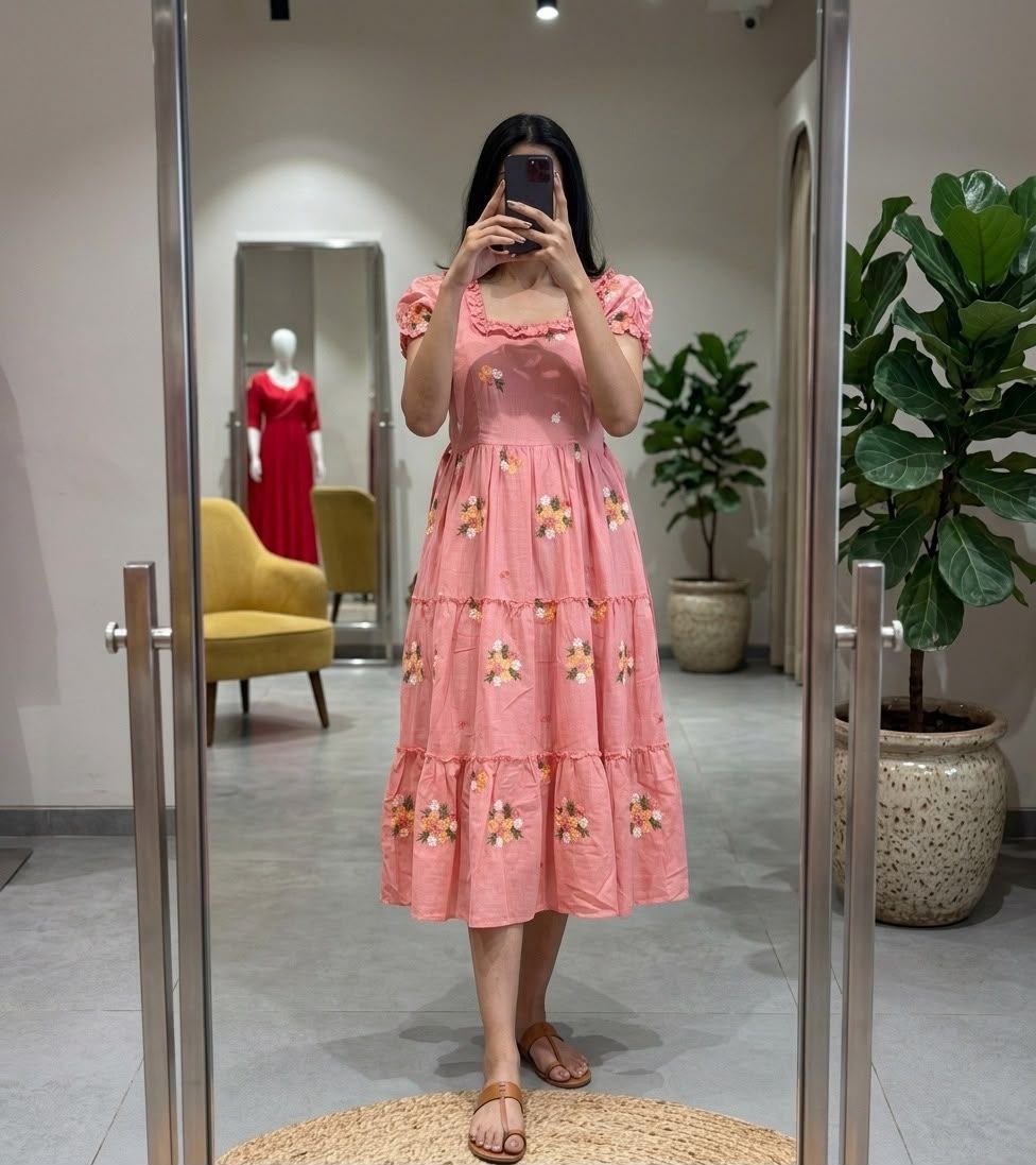 RangBhoomi Onion Pink Chanderi Cotton Maxi Frock with Embroidery and Belt
