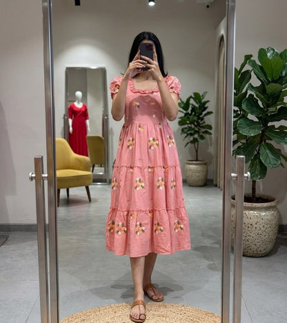 RangBhoomi Onion Pink Chanderi Cotton Maxi Frock with Embroidery and Belt