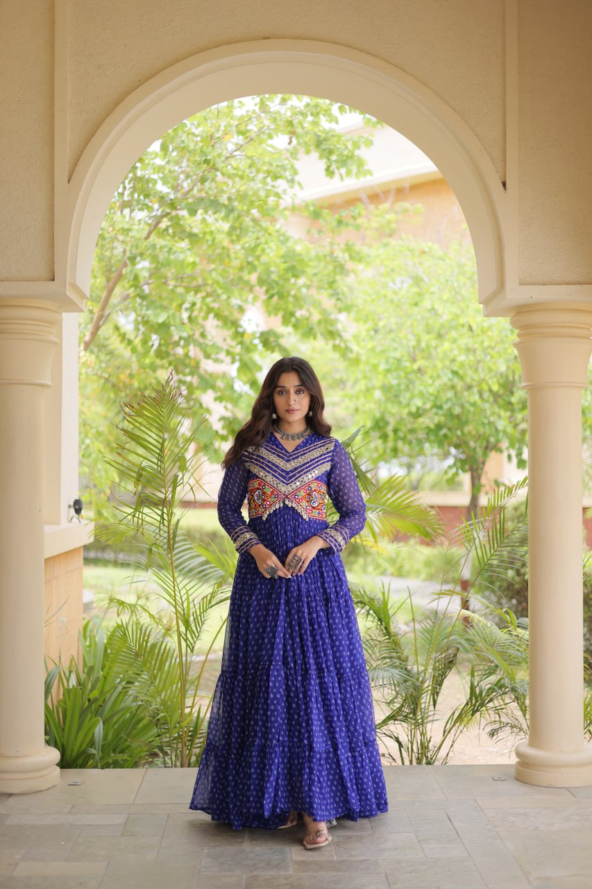 RangBhoomi Bandhani & Kutchi Patchwork Faux Georgette Gown — Navratri Special