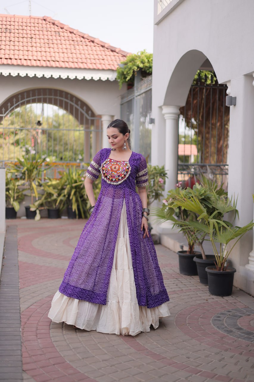 RangBhoomi Navratri 2026 Bandhani Lehenga Set — Full-Stitched Kora Cotton Lehenga with Faux Georgette Kurti