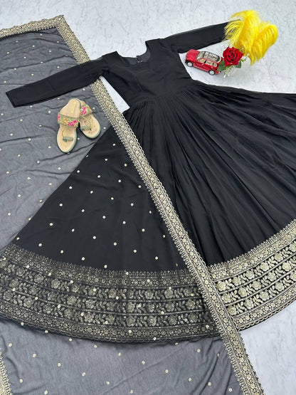 Elegant Embroidered Fox Georgette Gown with Matching Dupatta – Fully Stitched, Sophisticated Design