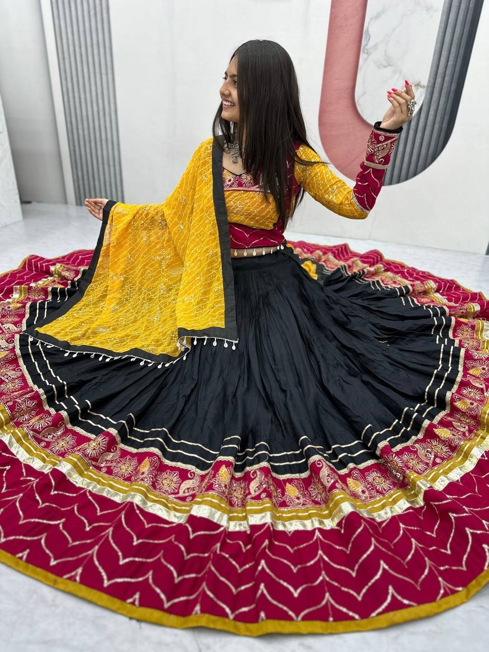 RangBhoomi Navratri Special Pure Cotton Embroidered Lehenga Choli with 6m Flair and Heavy Dupatta