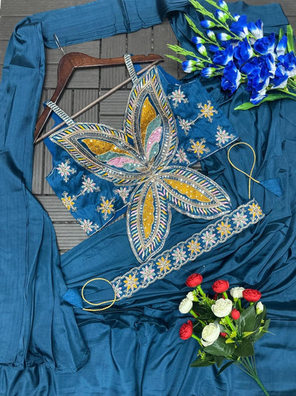 RangBhoomi Ready-to-Wear Saree with Elegant Embroidery and Sequined Blouse – Heavy Crepe Fabric