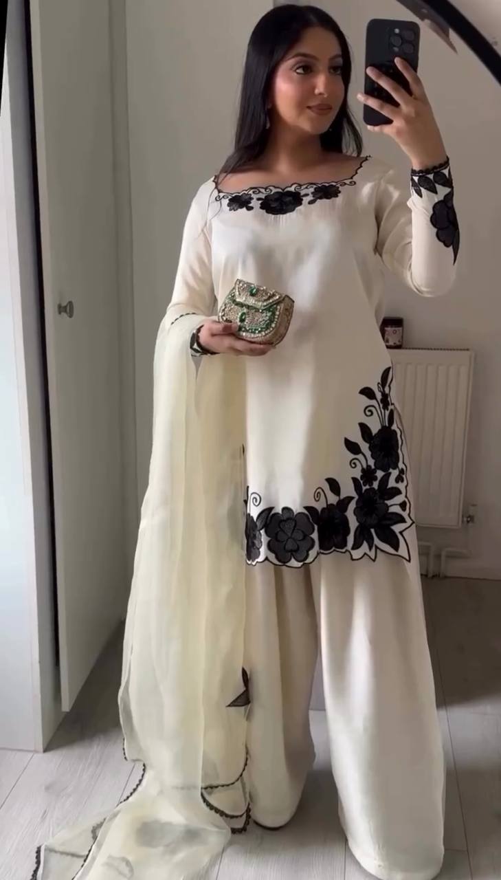 Elegant Women’s Ethnic Silk Ensemble with Embroidered Detailing and Ready-to-Wear Stitching