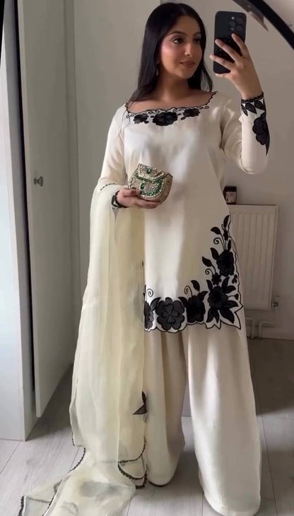 Elegant Women’s Ethnic Silk Ensemble with Embroidered Detailing and Ready-to-Wear Stitching