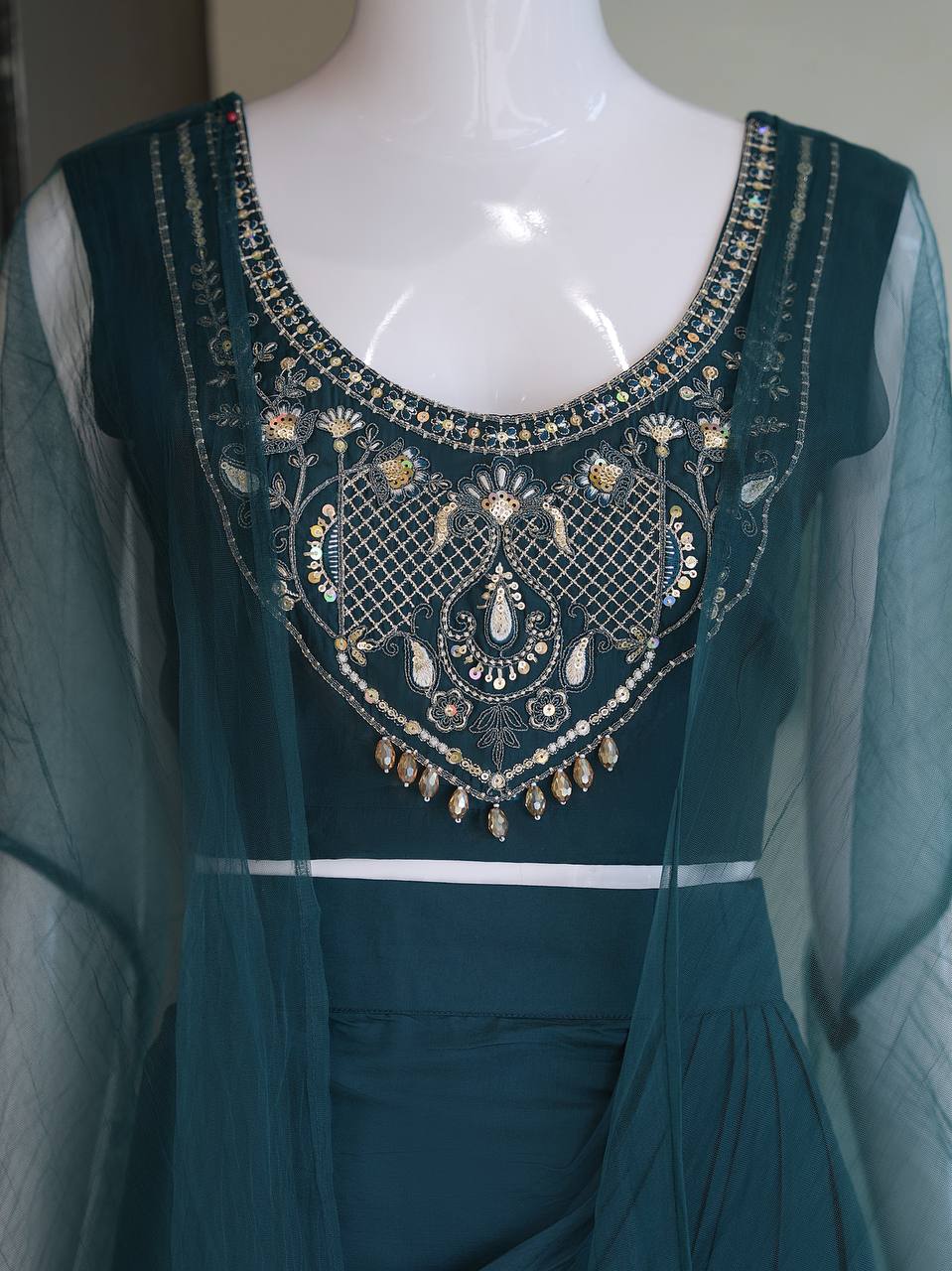Designer Fusion Style Luxury Collection - Elegant Roman Silk Ensemble with Embroidery, Net Lace Dupatta, and Dripping Skirt