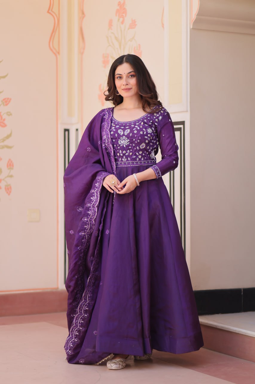 Elegant Gold Crush Embroidered Gown and Designer Dupatta Set
