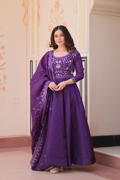 Elegant Gold Crush Embroidered Gown and Designer Dupatta Set
