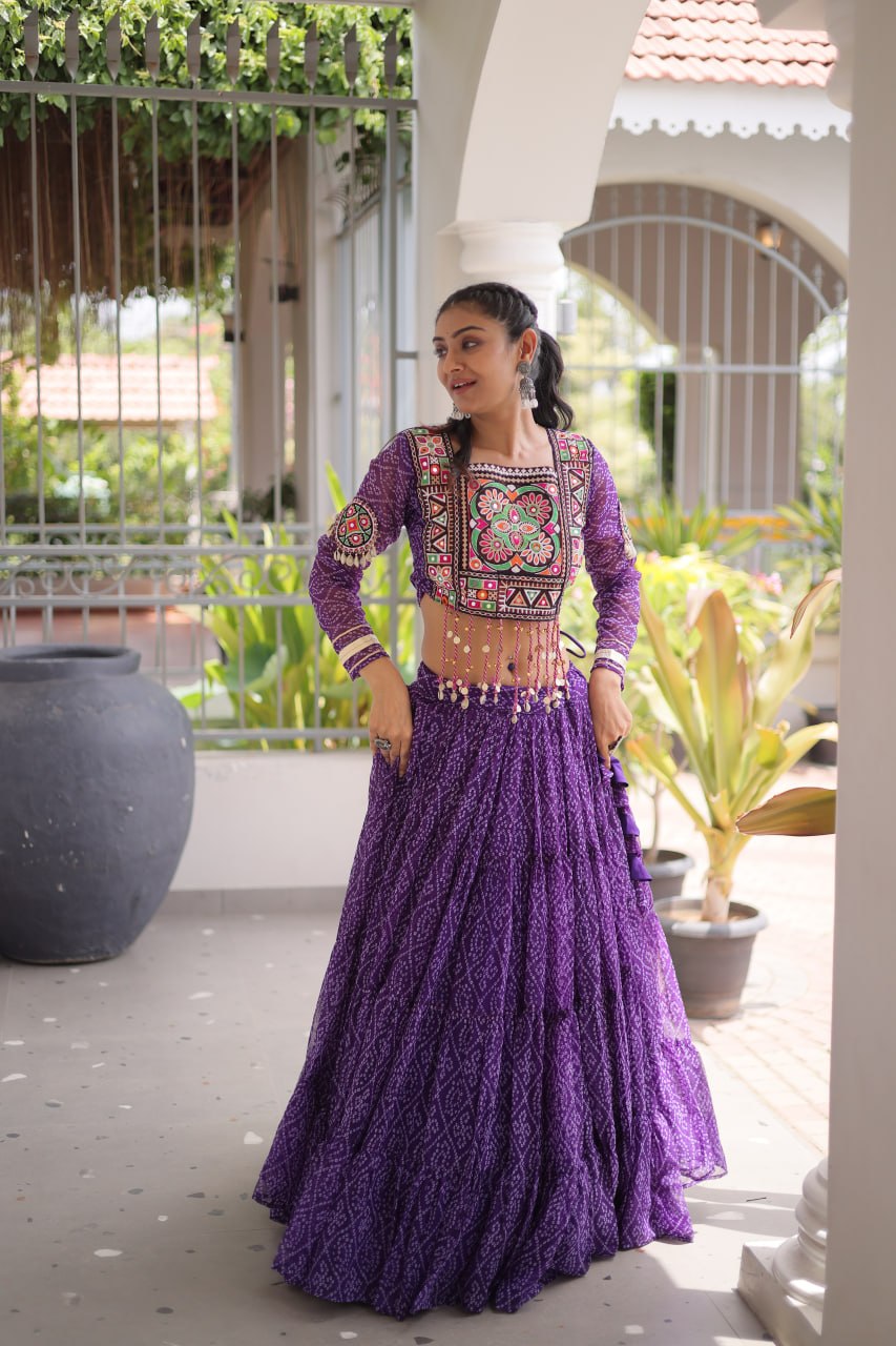 RangBhoomi Bandhni Faux Georgette Full-Stitched Lehenga Set with Designer Square Neck Blouse