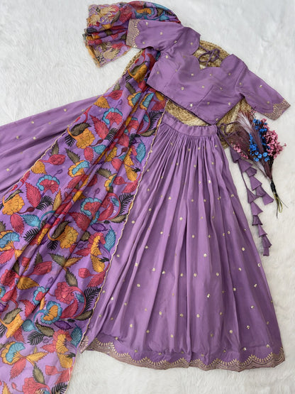 Elegant Lehengha Choli Set with Embroidered Cosmos Silk and Printed Tabby Silk Dupatta