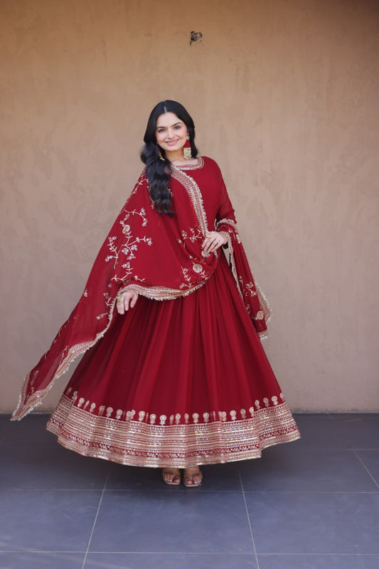 RangBhoomi Premium Maroon Embroidered Faux Blooming Ready‑Made Gown with Dupatta