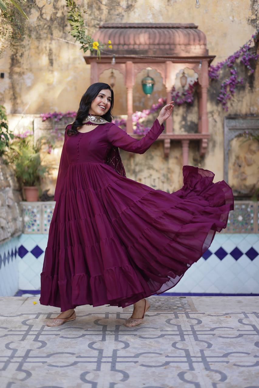 Flared Gown: Embroidered Dupatta - Shop Now!