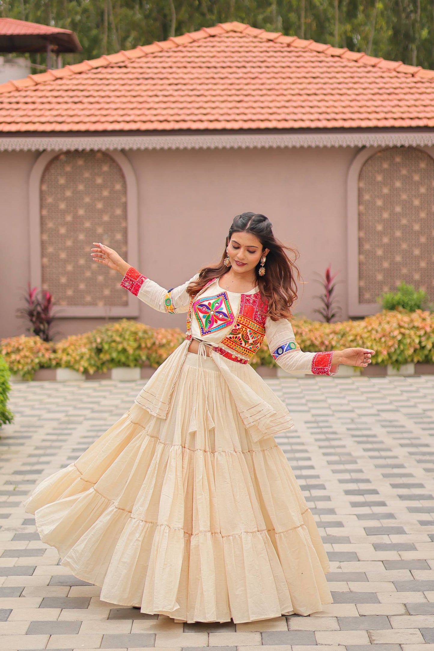 Navratri Special Gamthi Embroidery Lehenga Choli with Mirror and Ribbon Lace – Pure Cotton, Fully Stitched, 9 Meter Flair