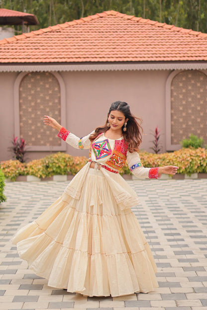 Navratri Special Gamthi Embroidery Lehenga Choli with Mirror and Ribbon Lace – Pure Cotton, Fully Stitched, 9 Meter Flair