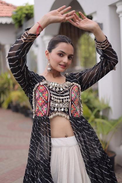 RangBhoomi Kora Cotton Lehenga & Faux Georgette Kurti Set - Full-Stitched, Frilled Lehenga, Laheriya Print Kurti
