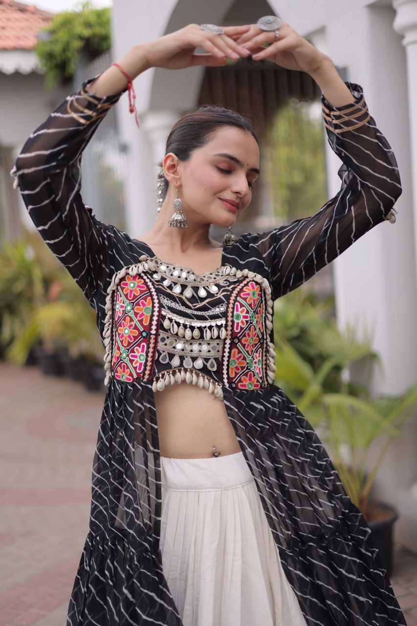 RangBhoomi Kora Cotton Lehenga & Faux Georgette Kurti Set - Full-Stitched, Frilled Lehenga, Laheriya Print Kurti