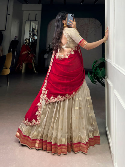 Woven Grace Embroidered Lehenga Set with Royal Paithani Borders and Elegant Pastel Hues
