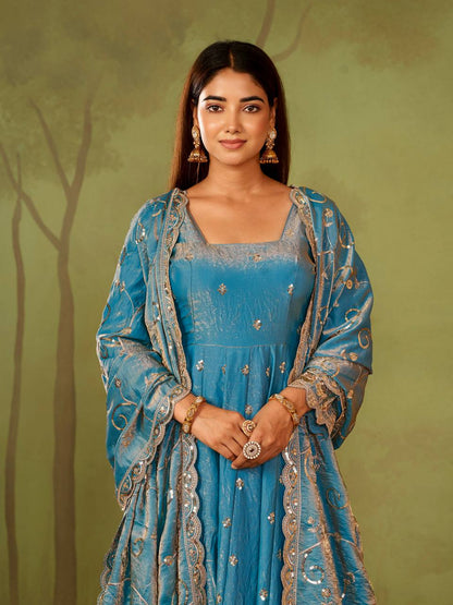 RangBhoomi Designer Party Wear Gown Set — 10 Colors, Heavy Jelly Shimmer Silk, Fully Stitched Embroidered Gown with Dupatta & Micro-Cotton Pant