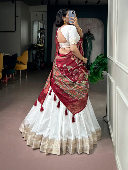RangBhoomi White Poly Kanjivaram Lehenga with Kalamkari Tasar Dupatta