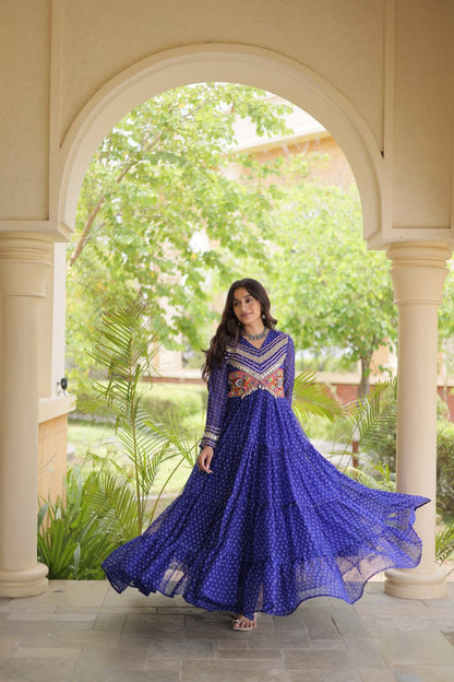 RangBhoomi Bandhani & Kutchi Patchwork Faux Georgette Gown — Navratri Special