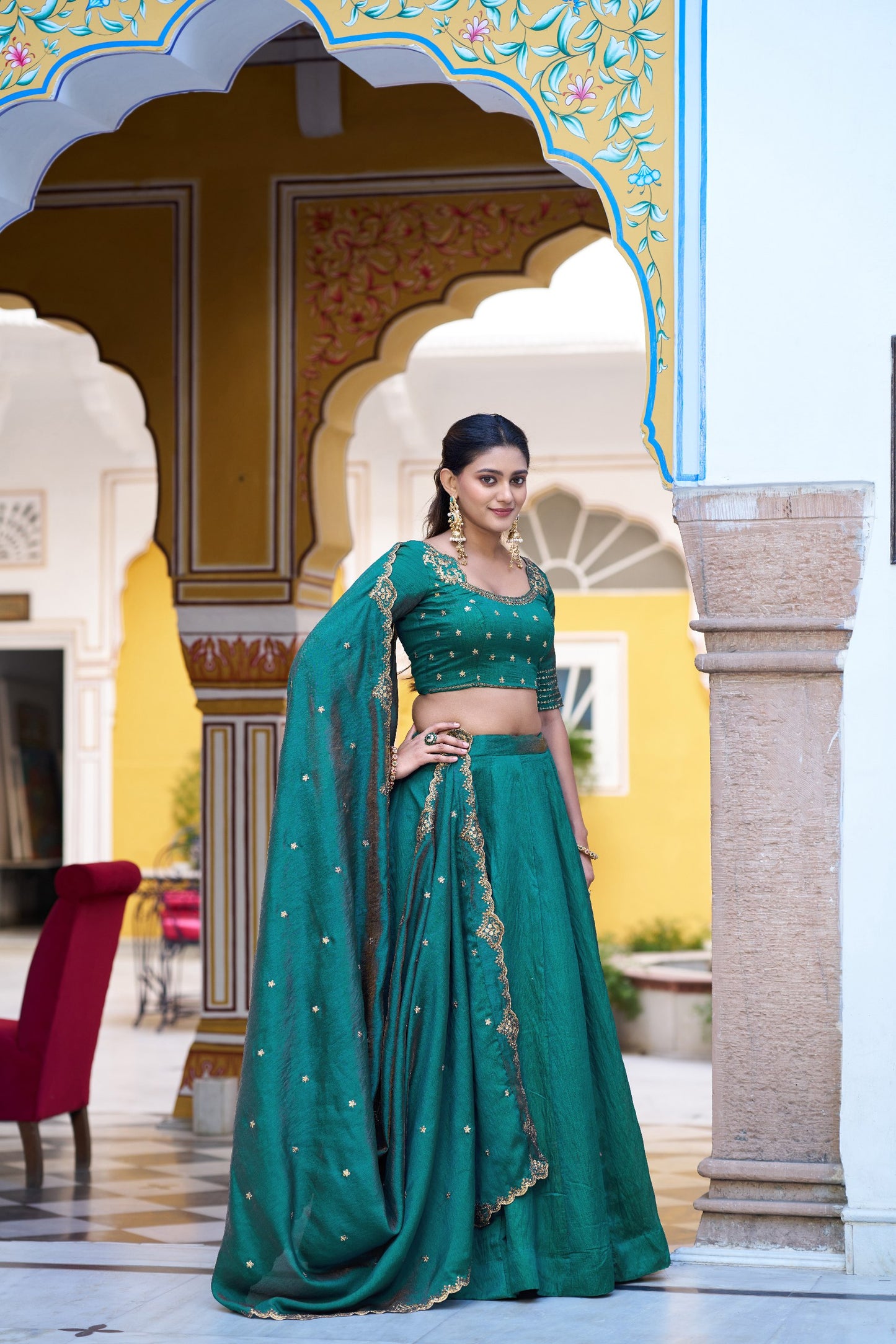 Emerald Royal Elegance – Stunning NC Silk Lehenga with Sequined Embroidery and Elegant Dupatta