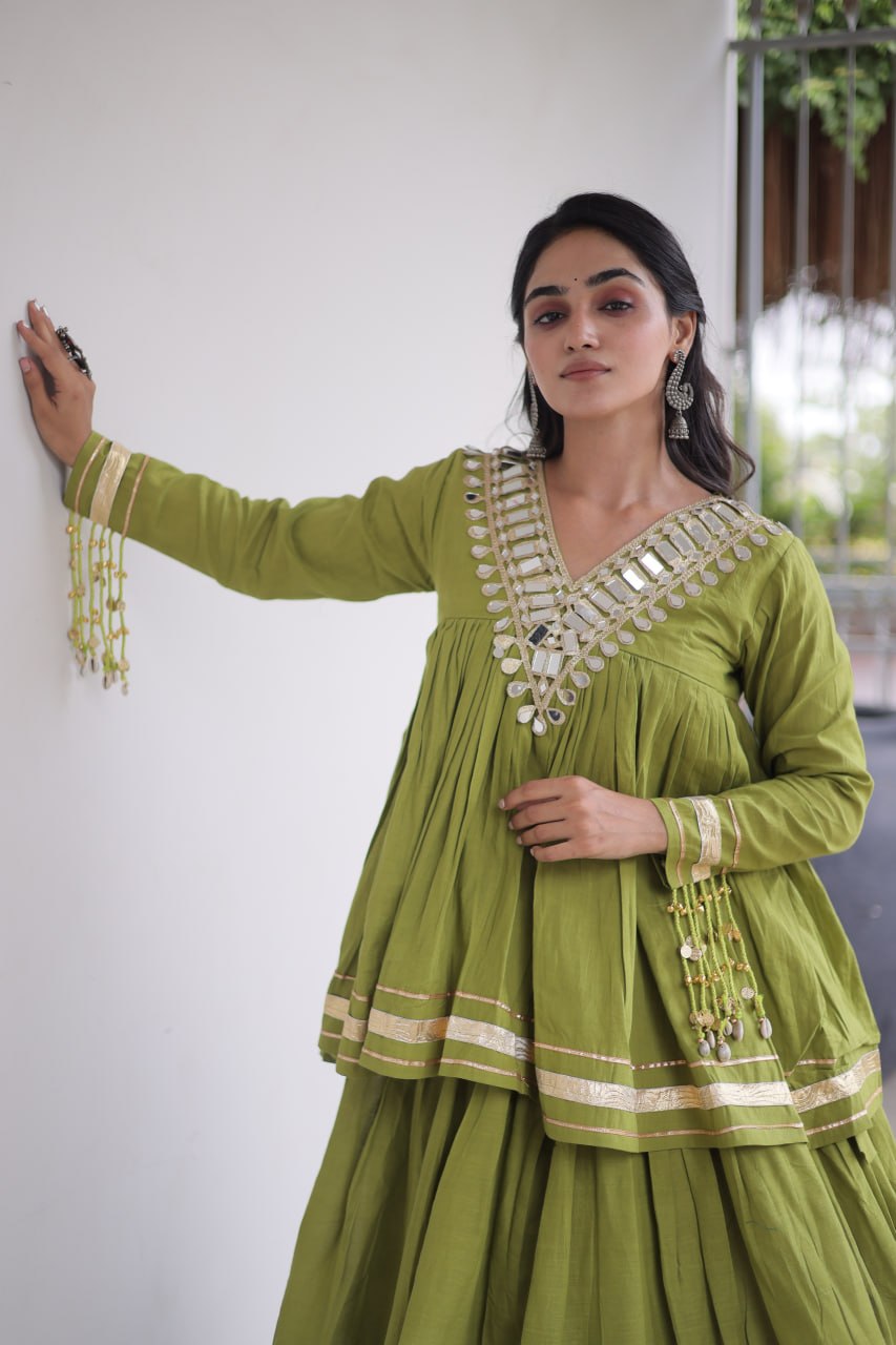 RangBhoomi Navratri Kora Cotton Full-Stitched Lehenga & Blouse Set with Mirror and Gota Work