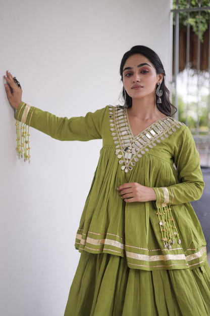RangBhoomi Navratri Kora Cotton Full-Stitched Lehenga & Blouse Set with Mirror and Gota Work