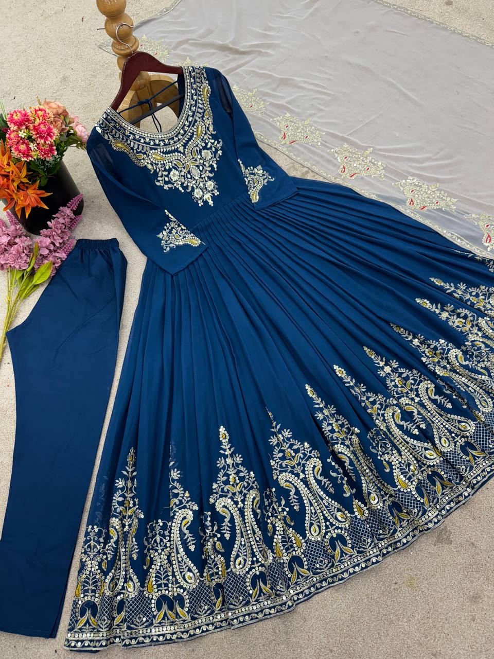 RangBhoomi Heavy Designer Party Wear Gown with Dupatta — Full-Sleeve Embroidered Georgette