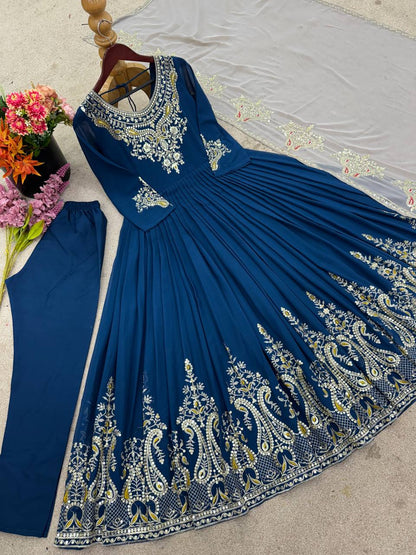 RangBhoomi Heavy Designer Party Wear Gown with Dupatta — Full-Sleeve Embroidered Georgette