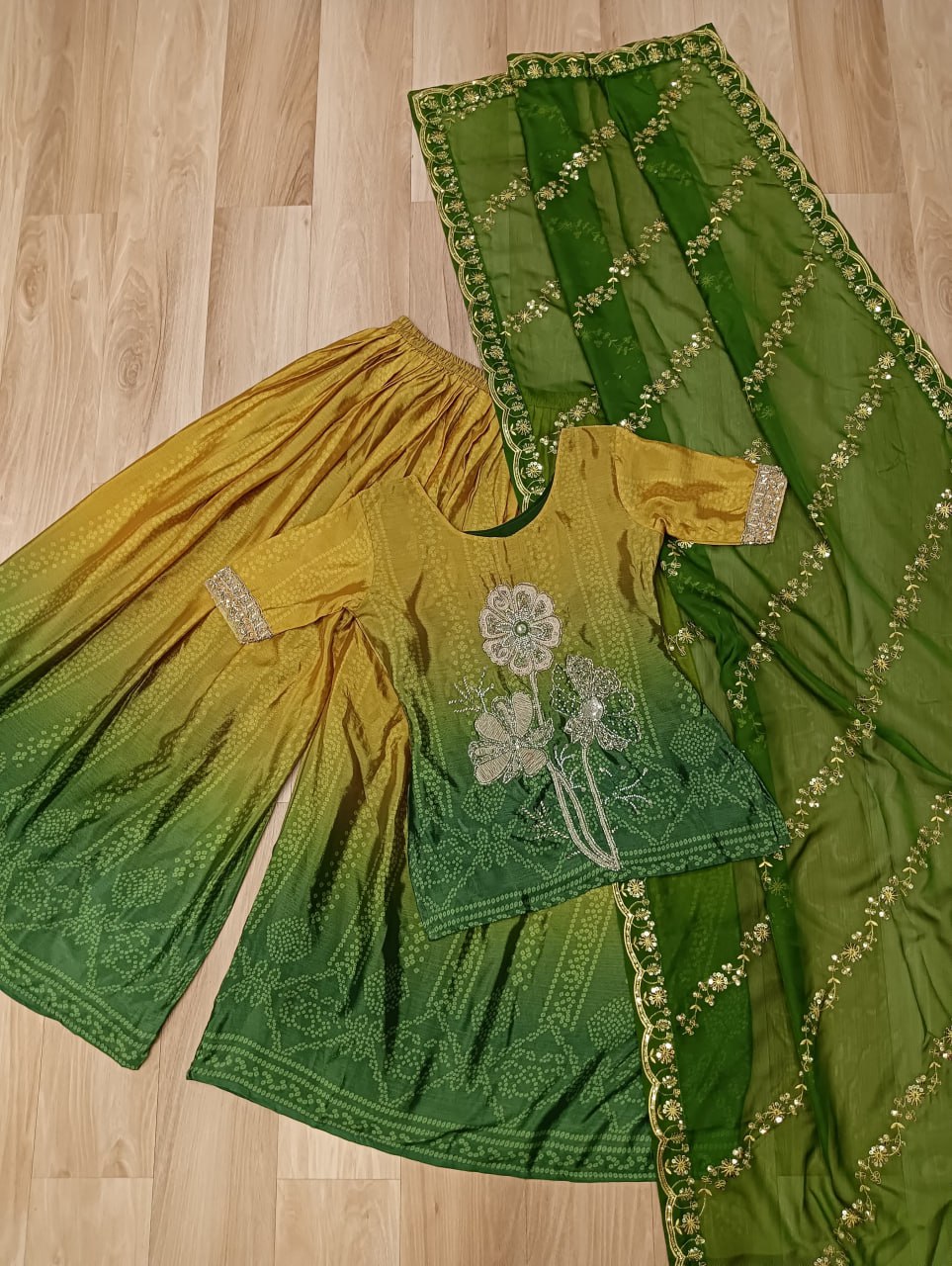 Green and Gold Sharara Suit with Floral Embroidery and Dupatta