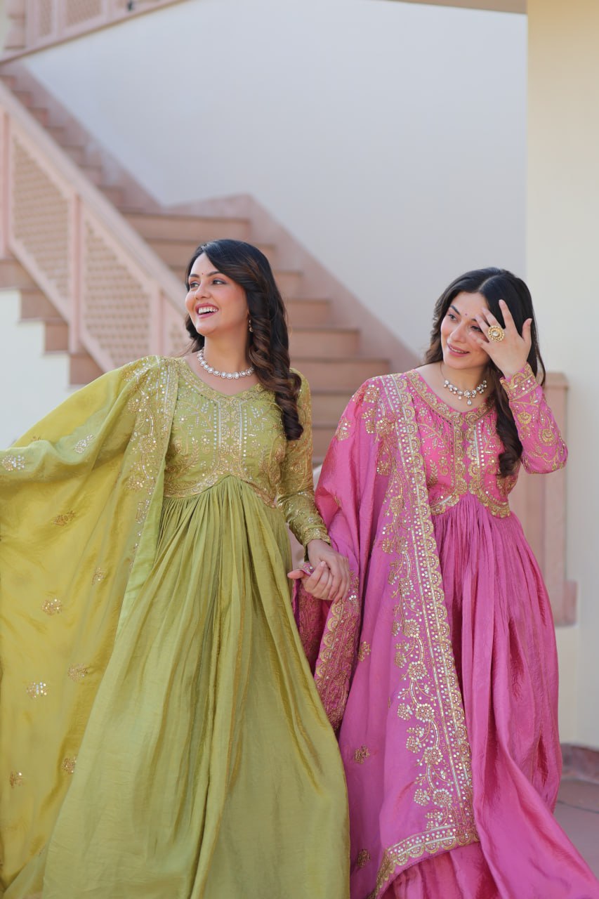 Trending Gold Gown: Crush Fabric, Embroidered Dupatta