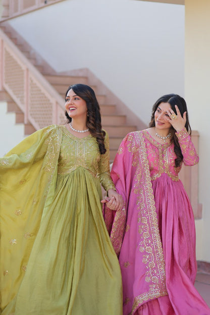 Trending Gold Gown: Crush Fabric, Embroidered Dupatta