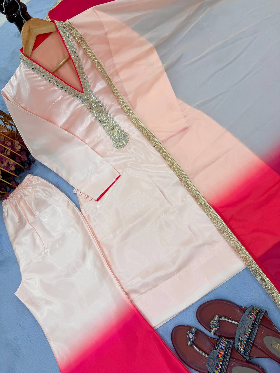 Launching New Designer Party Wear Look Pure Roman Glass Top & Elegant Palazzo with Dupatta Set