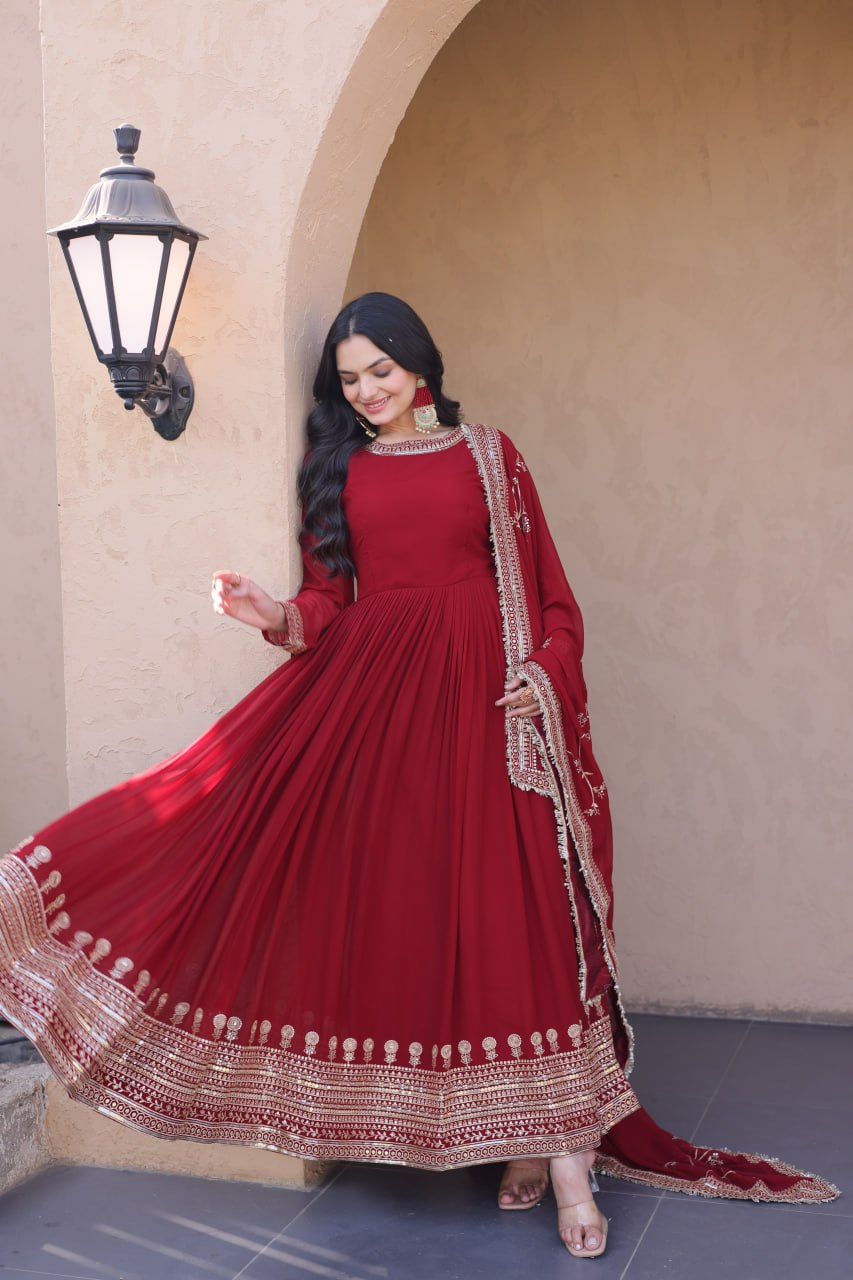 RangBhoomi Premium Maroon Embroidered Faux Blooming Ready‑Made Gown with Dupatta