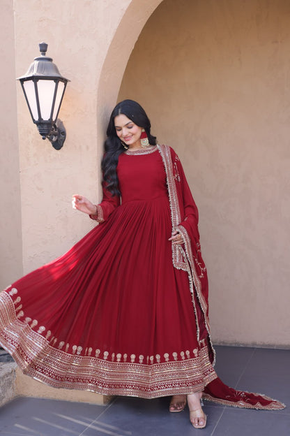 RangBhoomi Premium Maroon Embroidered Faux Blooming Ready‑Made Gown with Dupatta