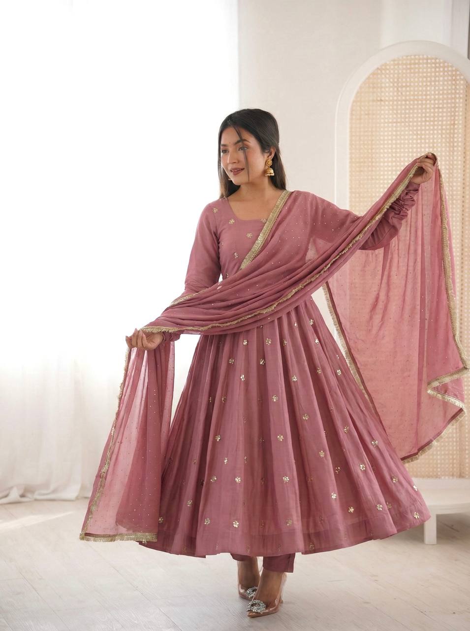 Elegant Ready-to-Wear Designer Gown and Dupatta Set in Roman Silk with Exquisite Embroidery