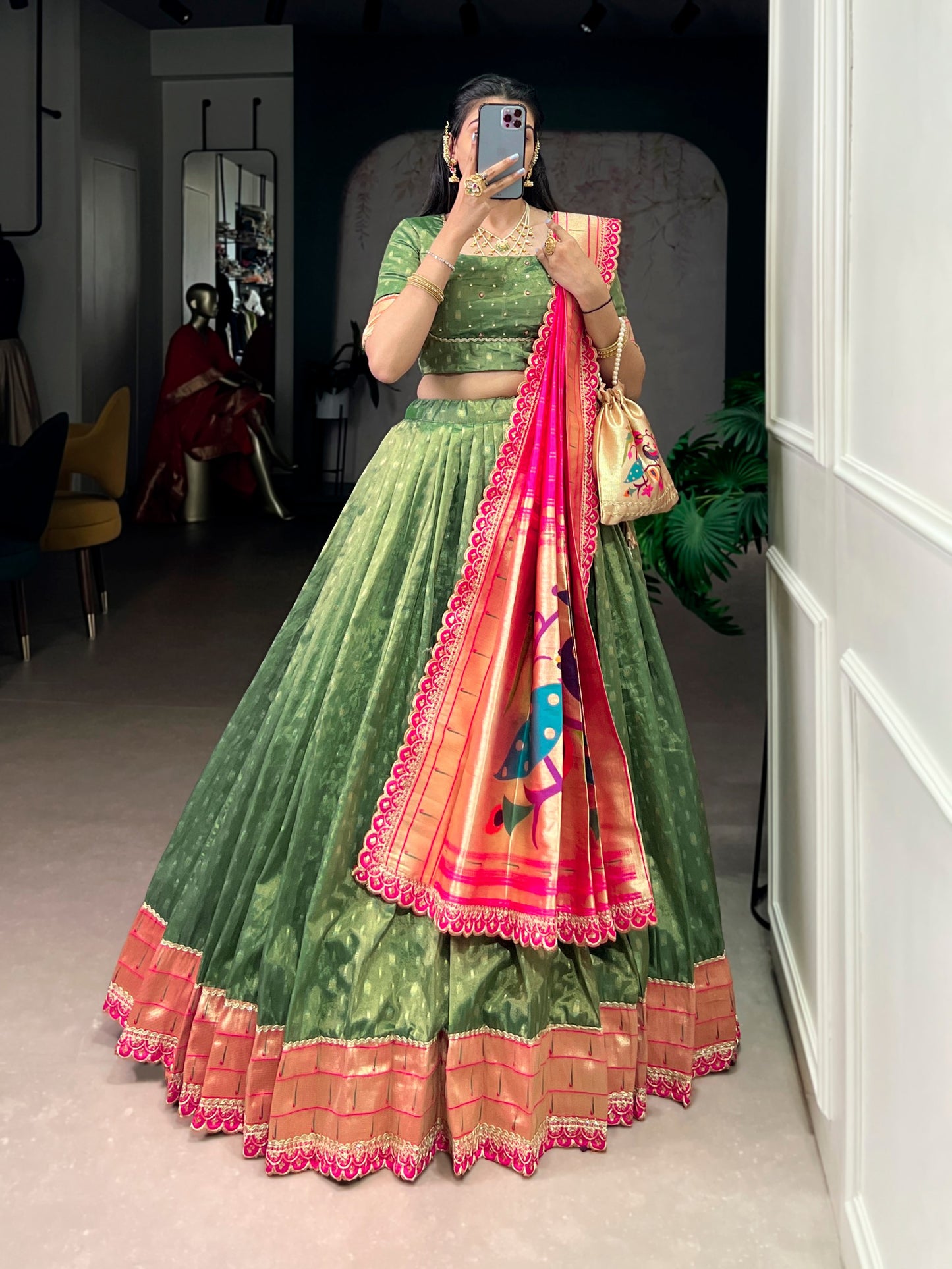 Paithani Lehenga Choli Ensemble 2026 - Shimmering Organza with Zari Weaving and Jacquard Silk Dupatta