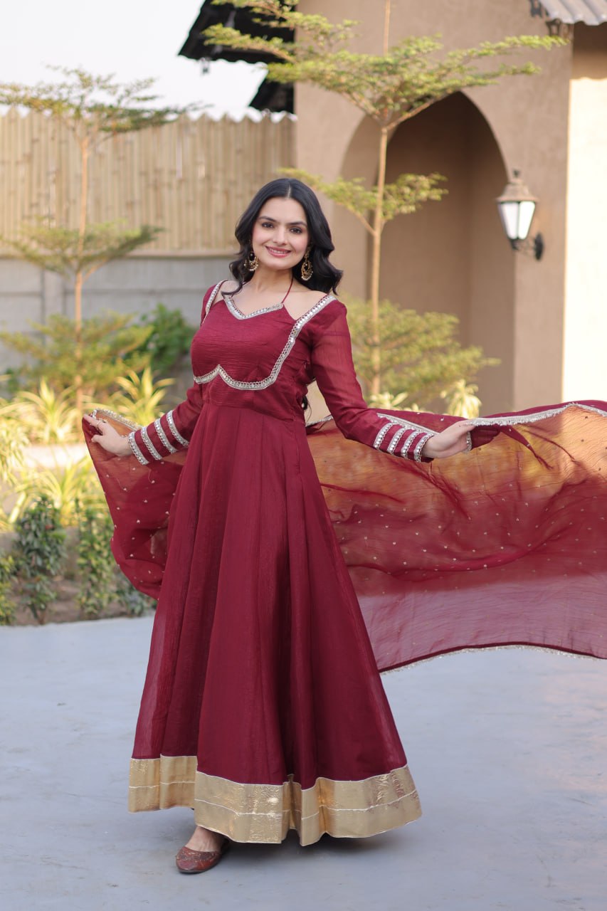 RangBhoomi Silver Mirror Lace Gown with Dupatta - Elegant Occasion Wear