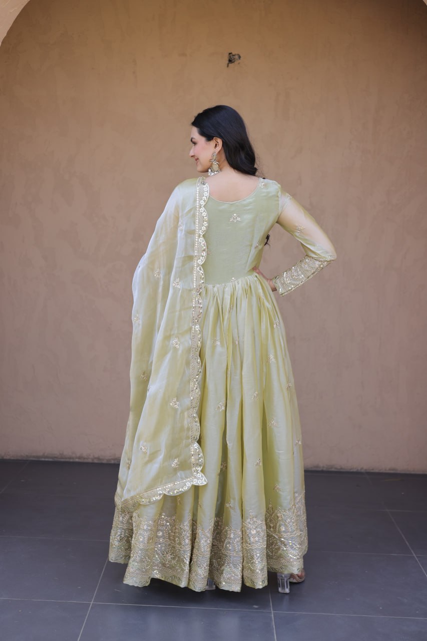 RangBhoomi Fendi Silk Sequined Gown with Dupatta – Elegant Full-Sleeve Designer Set