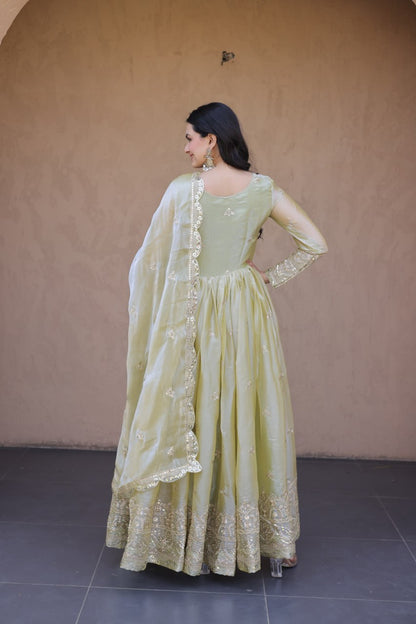 RangBhoomi Fendi Silk Sequined Gown with Dupatta – Elegant Full-Sleeve Designer Set