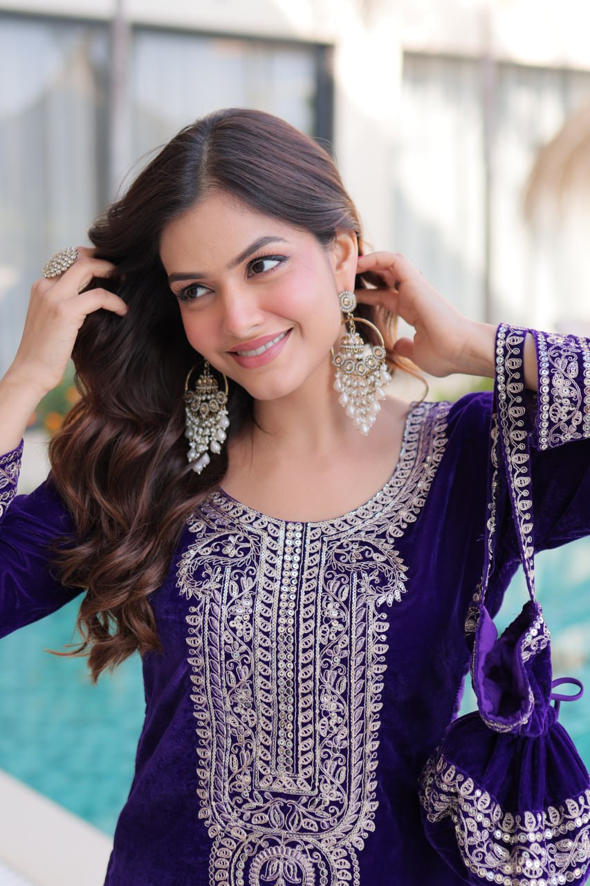 Ready-to-Wear Velvet Top and Pant Set with Embroidered Batwa from RangBhoomi Collection