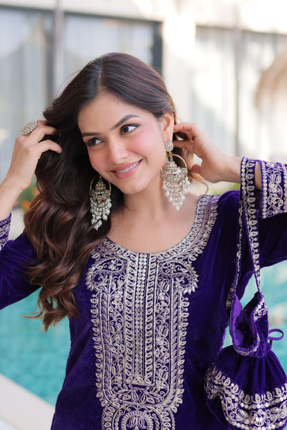 Ready-to-Wear Velvet Top and Pant Set with Embroidered Batwa from RangBhoomi Collection