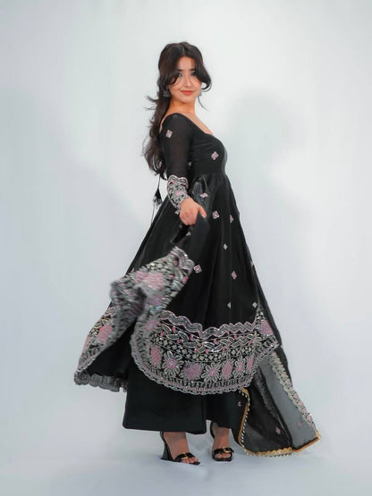 RangBhoomi Designer Party Wear Two-Tone Fandy Silk Embroidered Gown with Dupatta & Plazo
