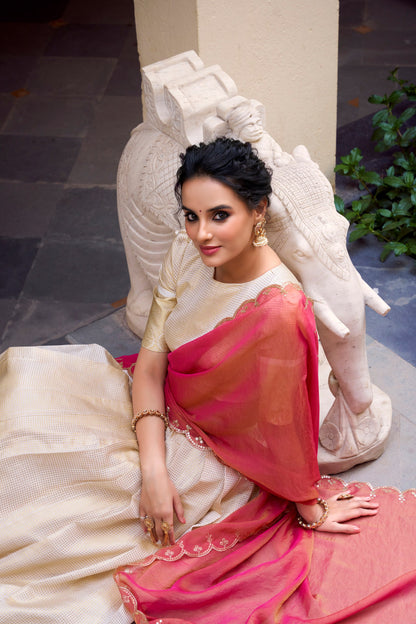 Elegant Golden Jacquard Lehenga Set with Zari Weaving and Sequined Shimmer Dupatta